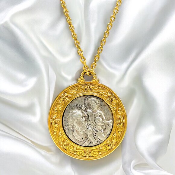 Vatican Library St. Christopher Protect Us Medallion Pendant Necklace 24" Gold - Picture 1 of 11